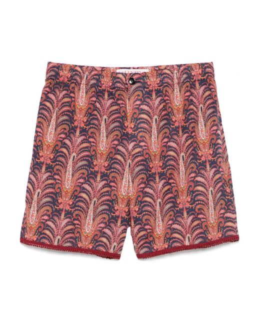 Valentino Garavani Red Cotton Muslin Bermuda Shorts With All-Over Voyage Imaginaire Print And Passementerie Trims for men