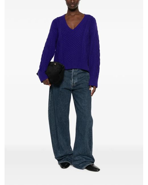Bompard Purple Cable-Knit V-Neck Sweater