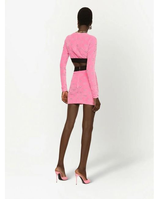 Dolce & Gabbana Pink Flocked Jersey Miniskirt With All-Over Dg Logo