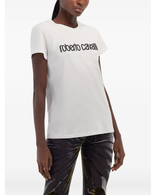 Roberto Cavalli White Weißes T-Shirt Mit Schwarzem Logo