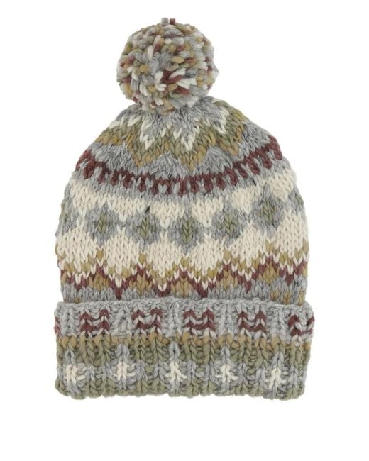 Chamula Gray Fair Isle-Pattern Pom-Pom Beanie for men