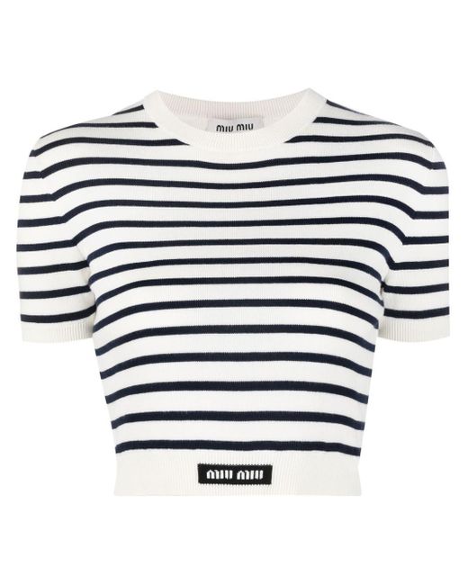 Miu Miu White Striped Cropped Knitted Top