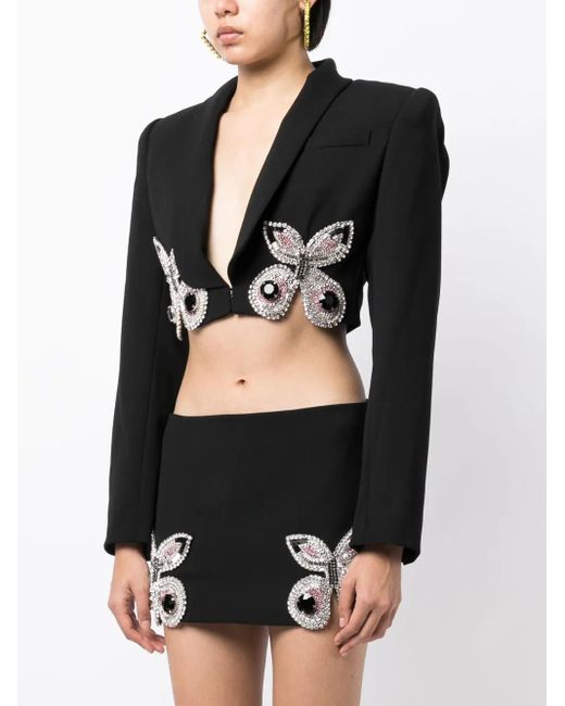 Area Black Crystal-embellished Cropped Wool Blazer