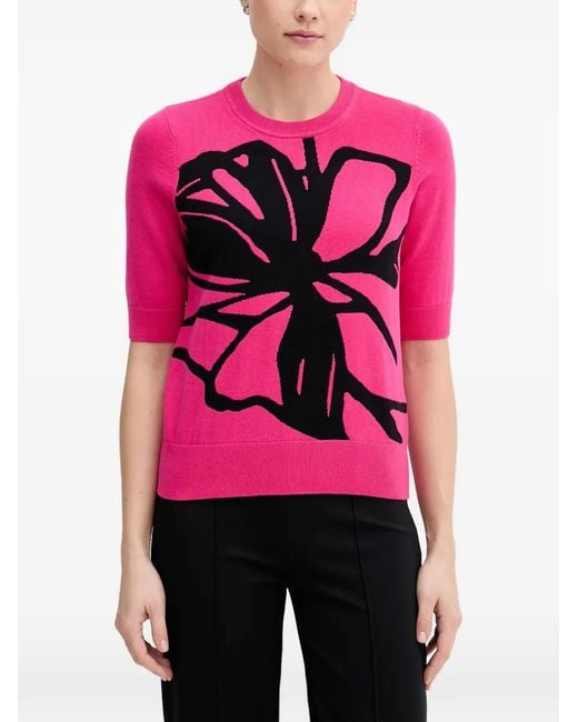 DKNY Pink Floral-Intarsia Short-Sleeve Sweater