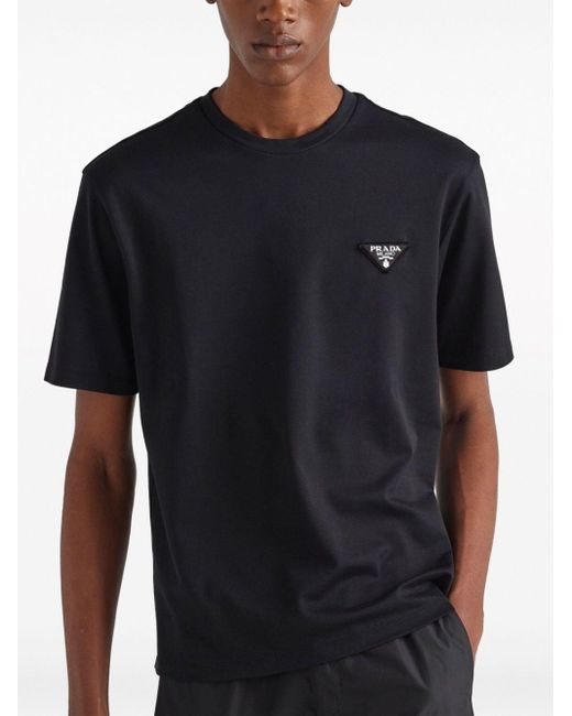 Prada Black Logo-patch Crewneck Cotton T-shirt for men