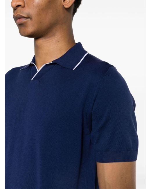 Canali Blue Contrasting-trim Cotton Polo Shirt for men