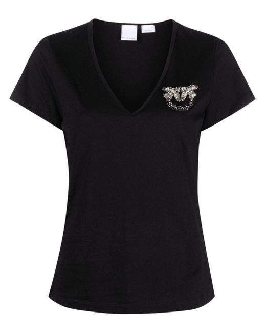 Camiseta con cuello en V y apliques del logo Pinko de color Black