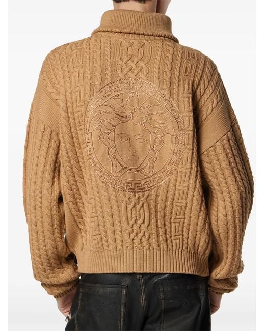 Versace Natural Embroidered Wool Knit Zip Sweater for men