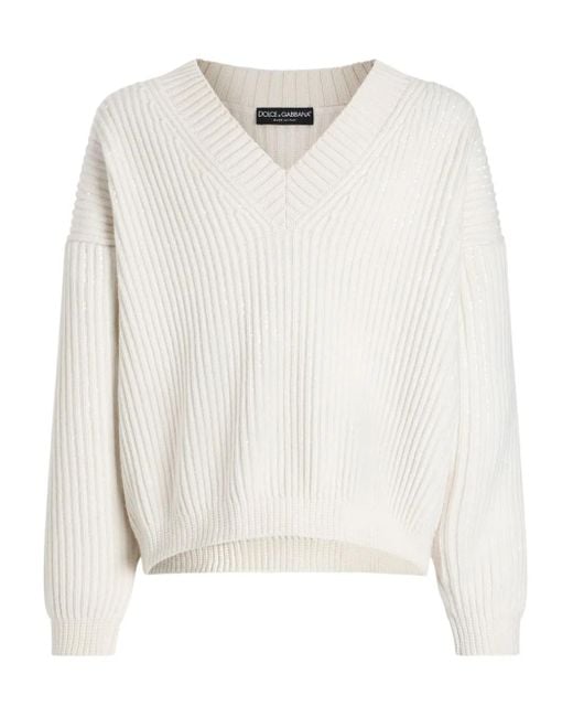 Dolce & Gabbana White V-Neck Ribbed Sweater for men