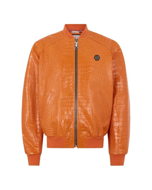 Philipp Plein Orange Veste En Cuir À Design Embossé for men