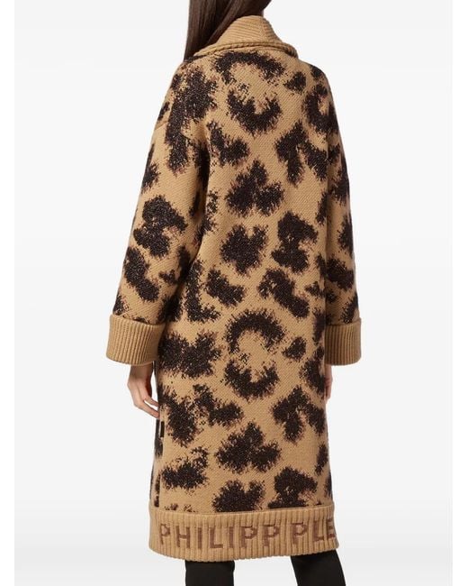 Philipp Plein Brown Manteau En Laine À Motif Léopard En Jacquard