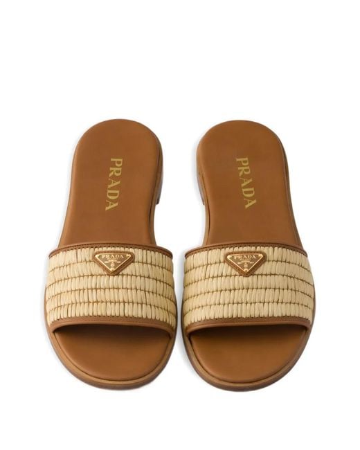 Prada Brown Leather And Crochet Slides