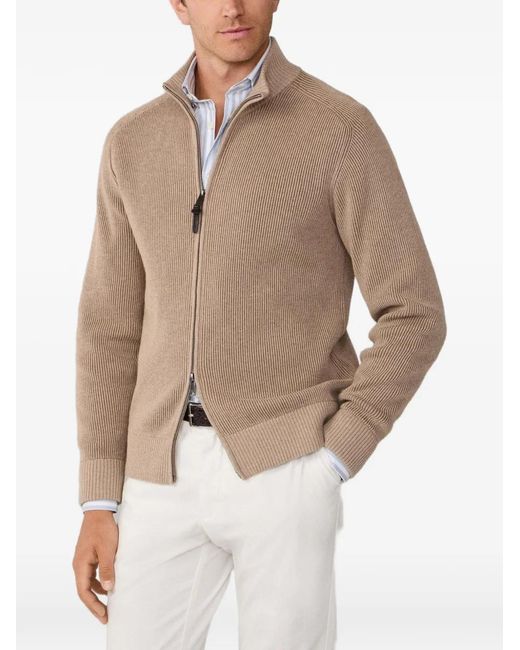 Hackett Brown Rib-Stitched Raglan-Sleeve Cardigan for men