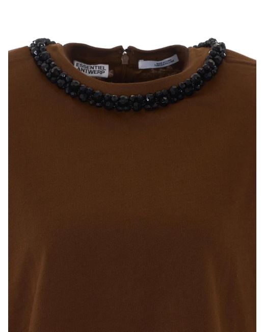 Essentiel Antwerp Brown Crystal-Embellished Padded-Shoulder T-Shirt