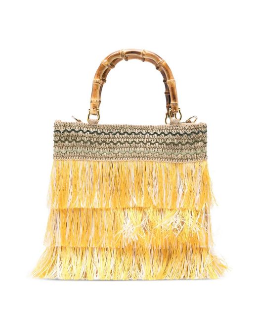 La Milanesa Yellow Medium Orchidea Fringed Bamboo-Handle Tote Bag