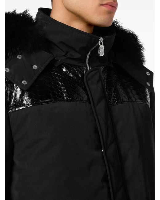 Billionaire Black Parka À Capuche Bordée De Peau De Python for men