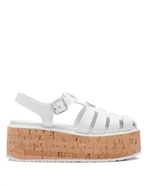 Prada Platform Wedge Sandals in White | Lyst UK