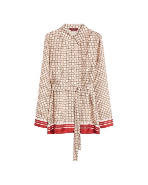 Max Mara Natural Geometric-Print Belt-Detail Silk Shirt