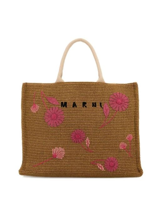 Marni Brown Tote Bag Aus Raffiabast