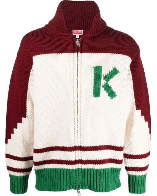 Cardigan Con Intarsio A Fiori di KENZO in Red da Uomo