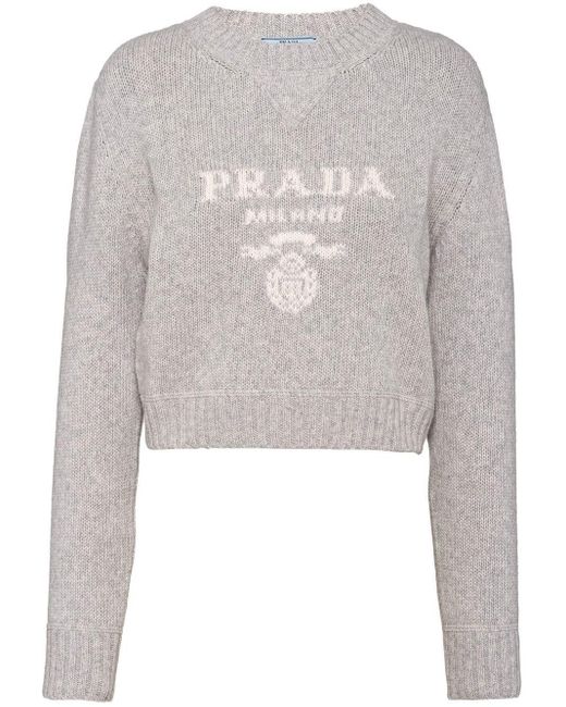 Prada Intarsia-logo Cropped Cashmere Jumper in White | Lyst UK