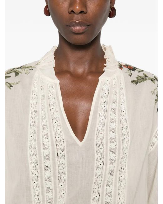 Alice + Olivia Natural Floral-Print Lace-Trimmed Top