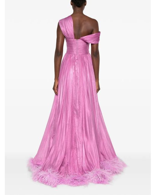 IRIS SERBAN Pink Feather-Trimmed Pleated Maxi Dress