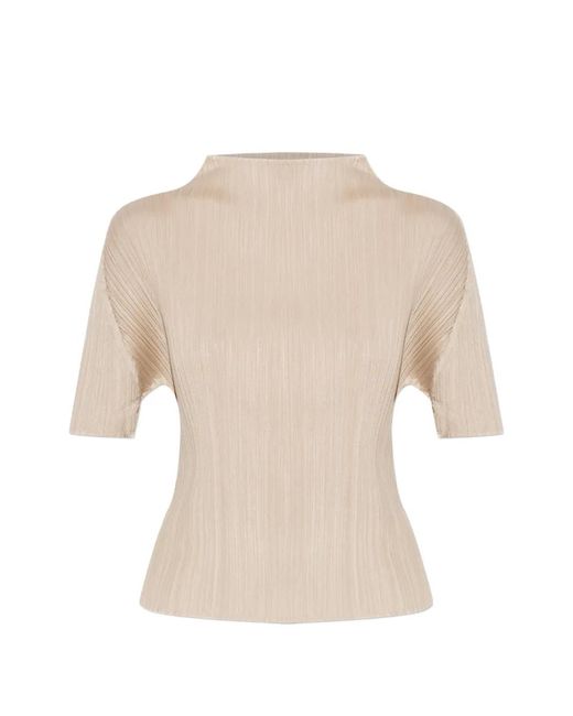 Pleats Please Issey Miyake White May Pleated Short-Sleeve Blouse