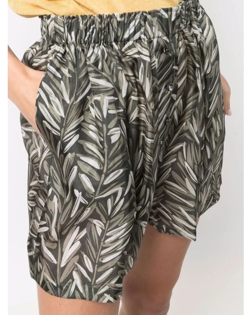 Brunello Cucinelli Gray Leaf-Print Silk Shorts