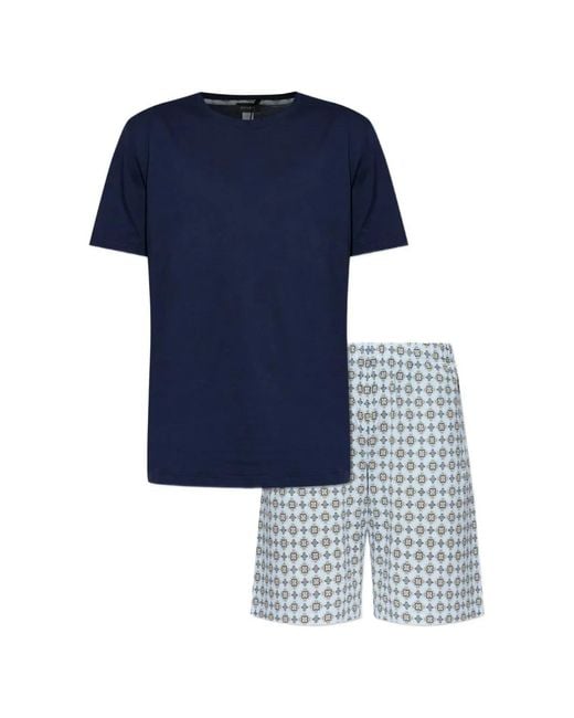Hanro Blue Patterned Cotton Pajama Set (Set Of Two) for men