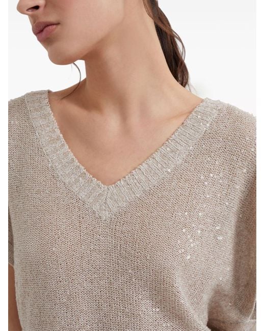 Brunello Cucinelli White Sequin Short-sleeve Knitted Top