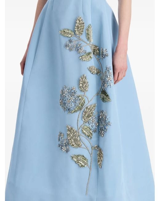 Oscar de la Renta Blue Crystal Flower-Embroidered Faille Dress