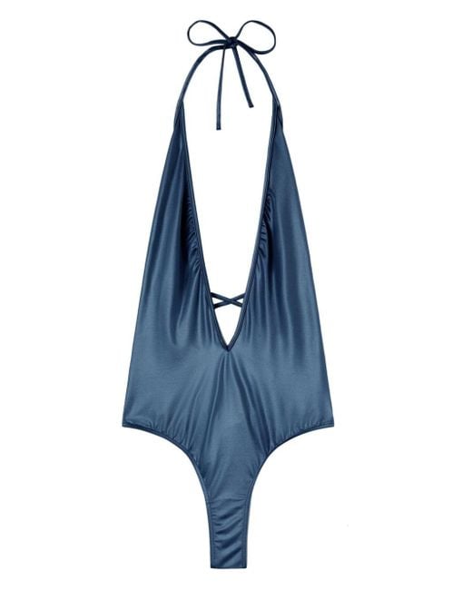 Palm Angels Blue Metallic V-neck Swimsuit