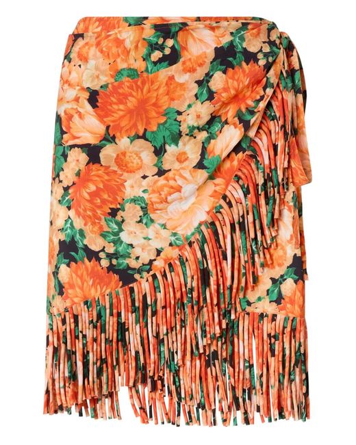 Pinko Orange Shorts Skirt With Fringing And Botanic Garden Print