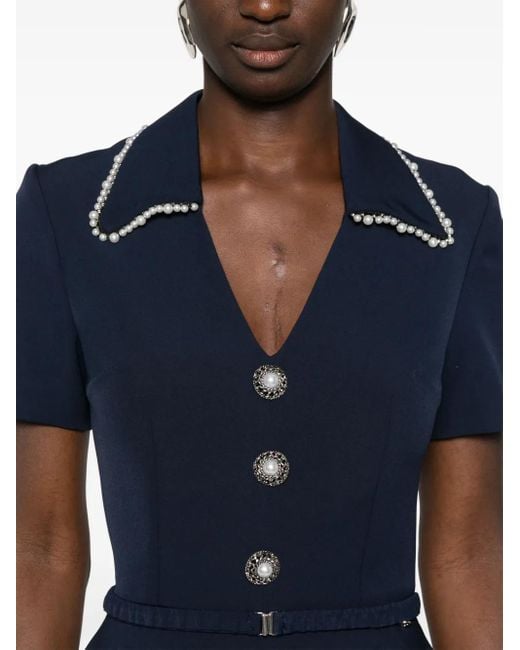 Nissa Blue Faux Pearl-Embellished Midi Dress