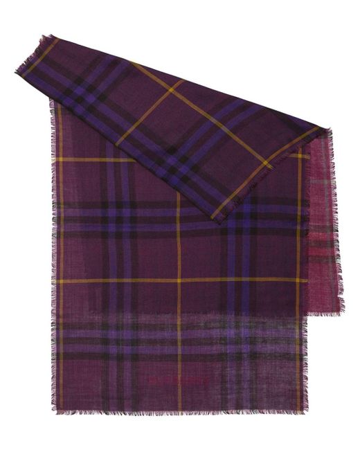 Burberry Purple Plaid-check Wool-silk Scarf