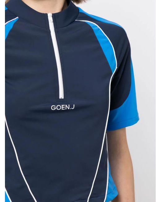 Goen.J Blue Colour-Block Logo-Embroidered Top