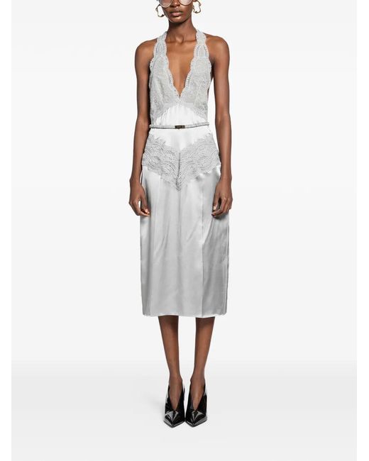 Gucci White Lace-Trim Satin Midi Dress