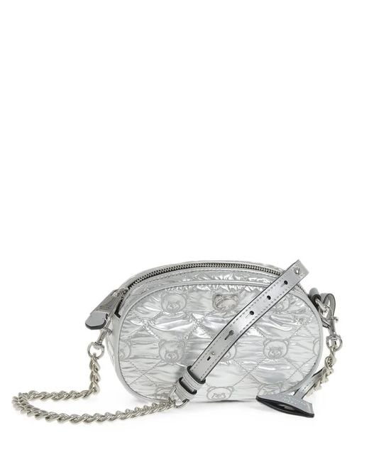 Moschino Gray Teddy-Embroidered Quilted Clutch Bag