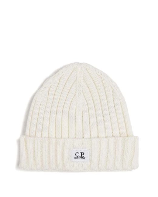 C P Company White Ribbed Logo-Plaque Beanie Hat for men