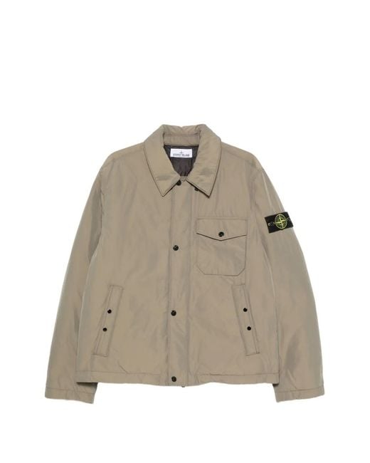 Stone Island Natural Down Jacket With Classic Collar, Button & Zip Closure, Chest Pocket for men