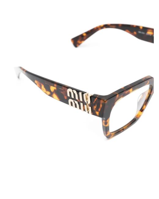 Miu Miu Brown Tortoiseshell-Effect Logo-Plaque Glasses