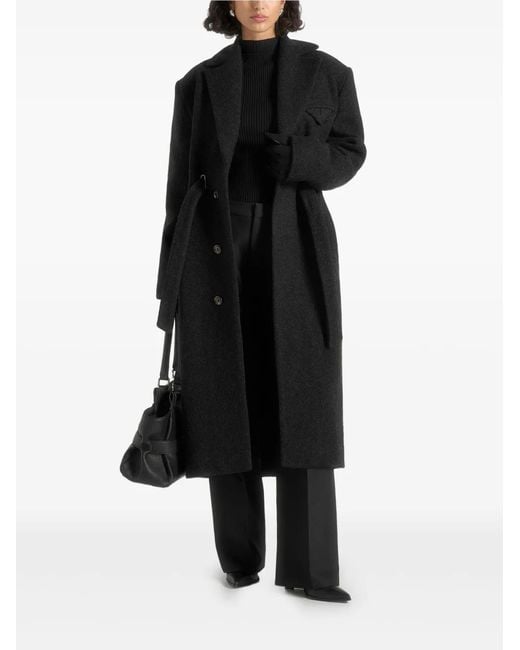 Manière De Voir Black Jena Wide Shoulder Wool Coat With Cinch Belt