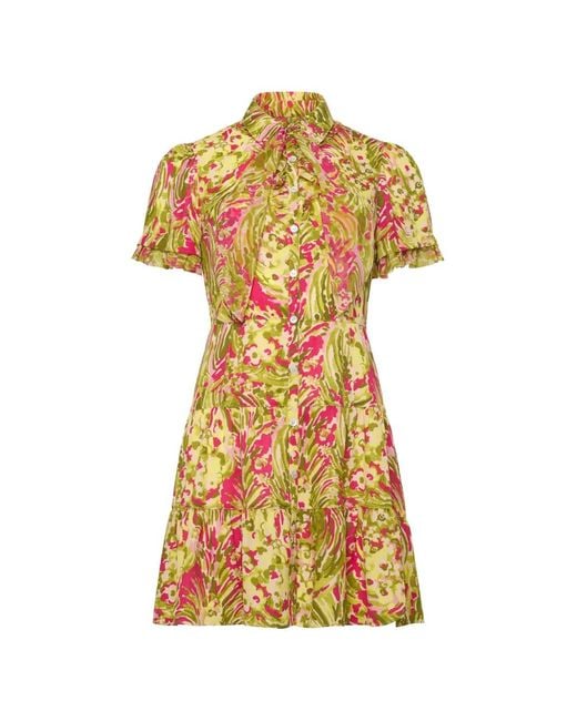 Cinq À Sept Yellow Floral-Print Tiered Dress