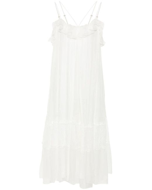 Nissa White Floral-lace-detail Silk Dress