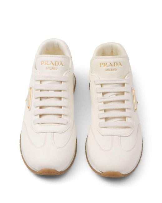 Prada White Triangle-logo Leather Sneakers