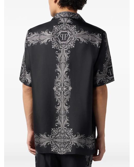 Philipp Plein Black Baroque-Print Bowling Shirt for men