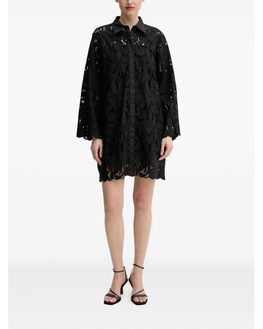 Isabelle Blanche Black Floral-Lace Shirt Midi Dress