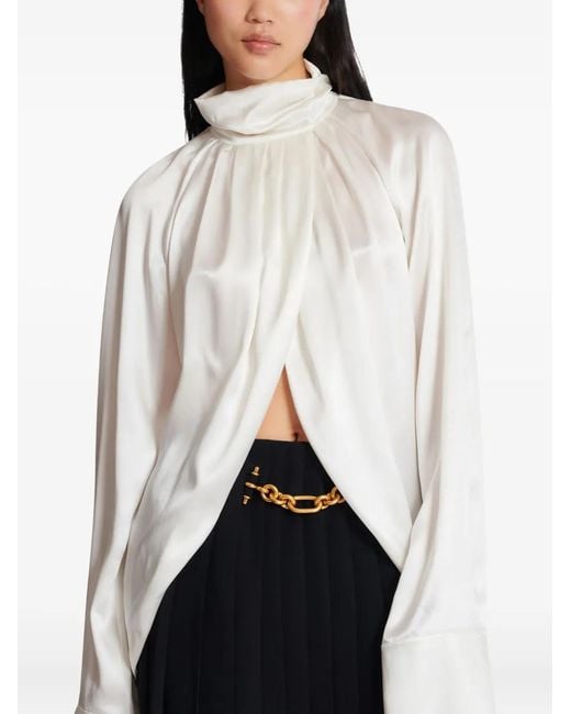 Balmain White Drapped Silk Blouse Shirt