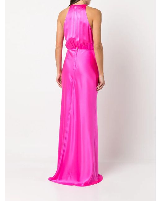 Michelle Mason Pink Draped-Detail Halterneck Gown